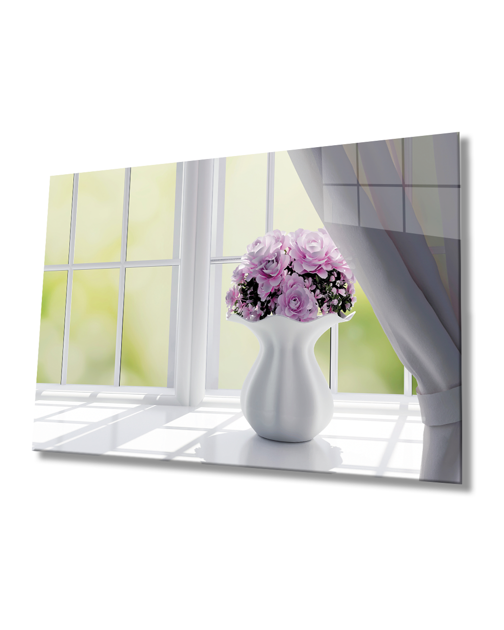 Beyaz Vazoda Pembe Güller Cam Tablo  4mm Dayanıklı Temperli Cam Pink Roses In White Vase Glass Table 4mm Durable Tempered Glass