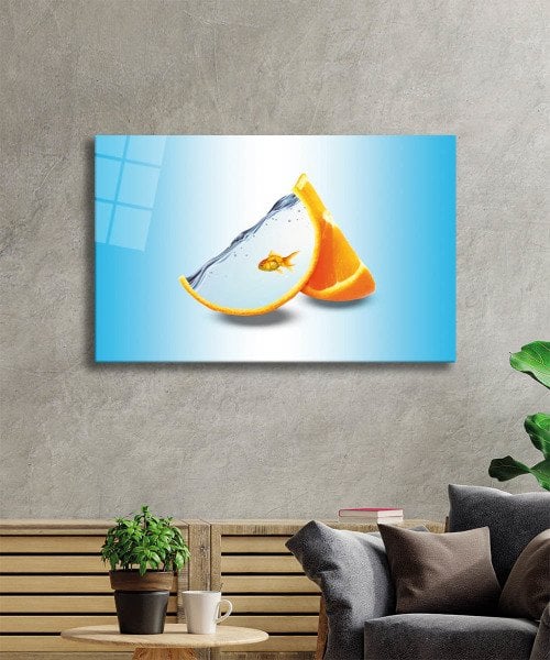 Portakalda Turuncu Balıklar Cam Tablo  4mm Dayanıklı Temperli Cam, Fishes In Orange Glass Wall Art