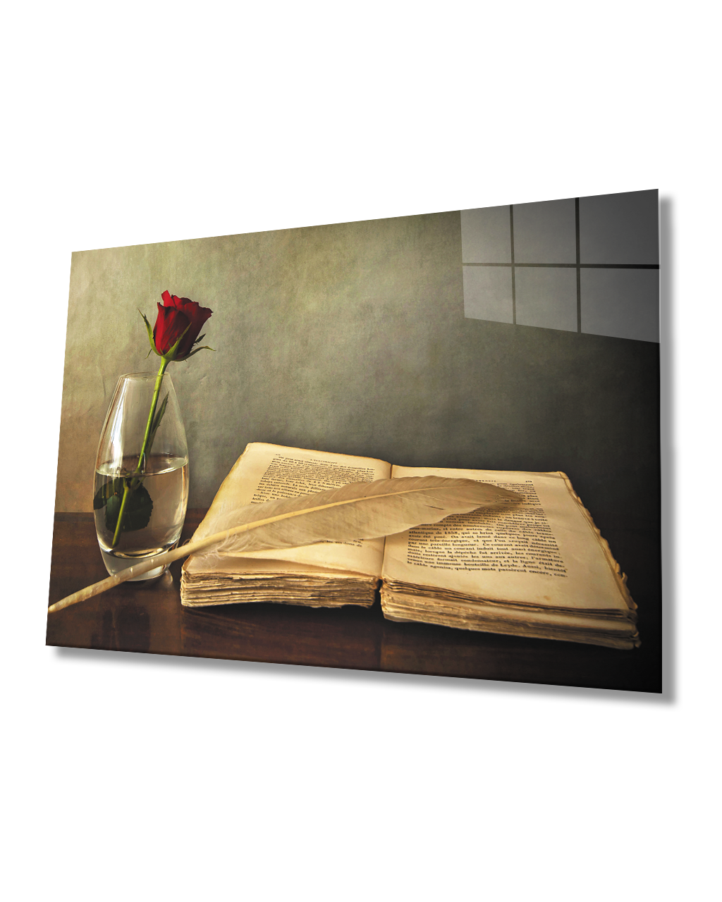 Kırmızı Gül Ve kitap  Cam Tablo  4mm Dayanıklı Temperli Cam Red Rose And book Glass Table 4mm Durable Tempered Glass