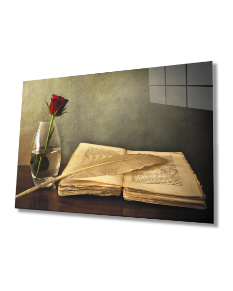 Kırmızı Gül Ve kitap  Cam Tablo  4mm Dayanıklı Temperli Cam Red Rose And book Glass Table 4mm Durable Tempered Glass