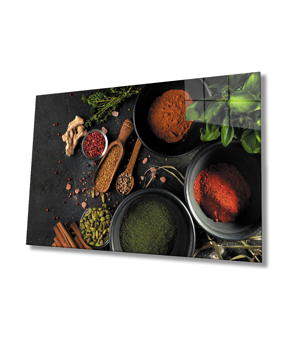 Baharat Mutfak Natürmort Cam Tablo  4mm Dayanıklı Temperli Cam Spices Kitchen Still Life Glass Wall Art