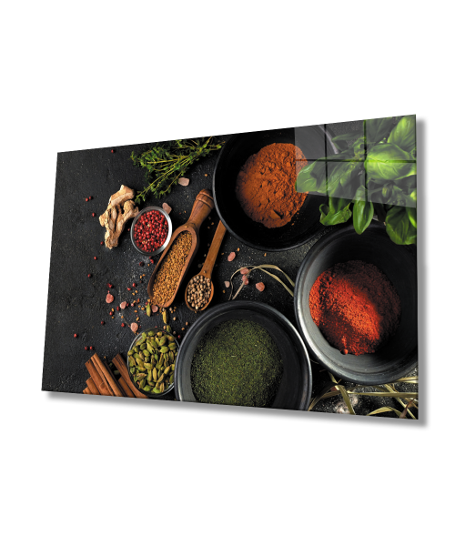 Baharat Mutfak Natürmort Cam Tablo  4mm Dayanıklı Temperli Cam Spices Kitchen Still Life Glass Wall Art