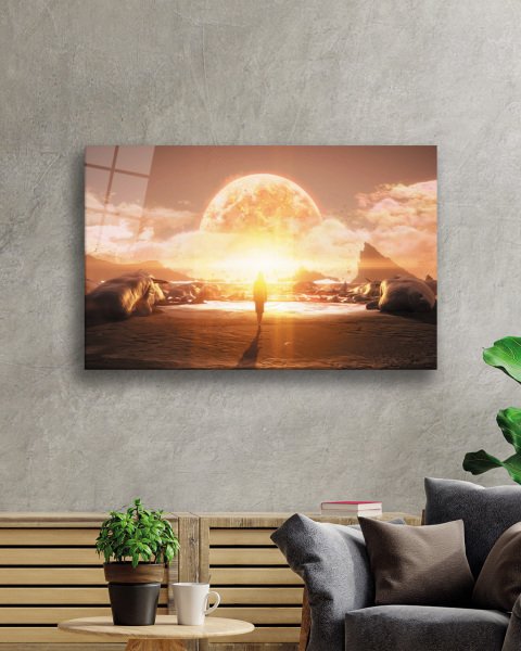 Gün Batımı Fütüristik Kadın Sarı Cam Tablo  4mm Dayanıklı Temperli Cam Sunset Futuristic Woman Yellow Glass Painting 4mm Durable Tempered Glass