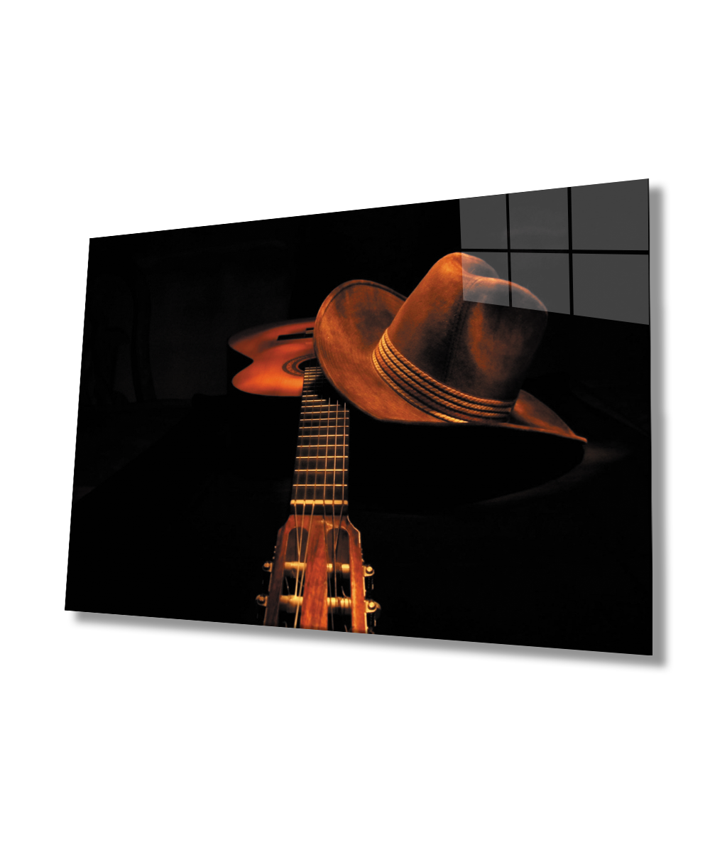 Fötr Gitar Cam Tablo  4mm Dayanıklı Temperli Cam  Fedora Guitar Glass Wall Art