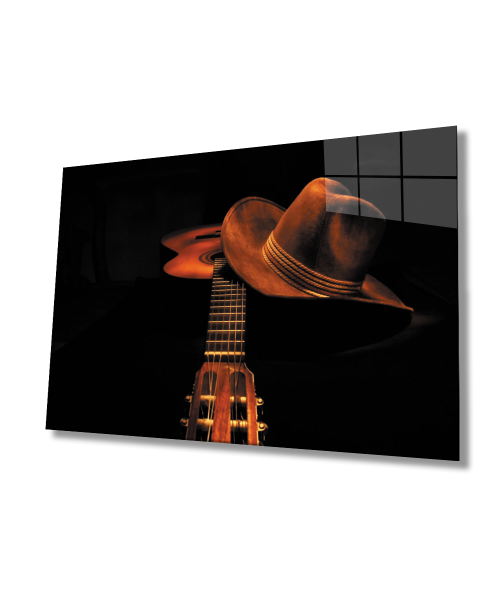 Fötr Gitar Cam Tablo  4mm Dayanıklı Temperli Cam  Fedora Guitar Glass Wall Art