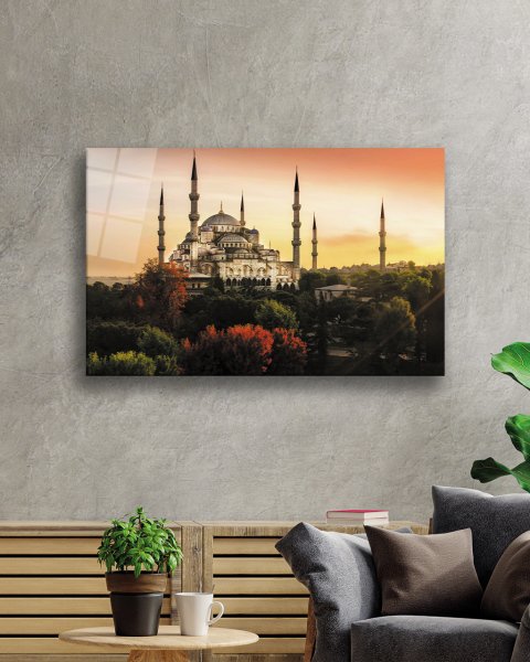 İstanbul GünBatımı Sultan Ahmet Camii Cam Tablo 4mm Dayanıklı Temperli Cam