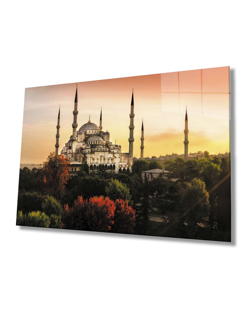 İstanbul GünBatımı Sultan Ahmet Camii Cam Tablo 4mm Dayanıklı Temperli Cam
