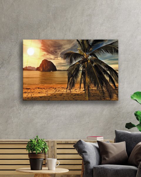 Gün Batımı Deniz Palmiye Manzara Cam Tablo  4mm Dayanıklı Temperli Cam Sunset Sea Palm Landscape Glass Painting 4mm Durable Tempered Glass