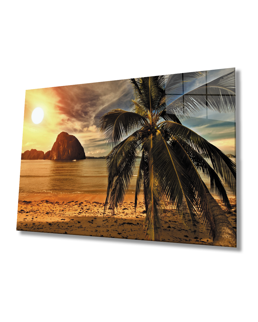 Gün Batımı Deniz Palmiye Manzara Cam Tablo  4mm Dayanıklı Temperli Cam Sunset Sea Palm Landscape Glass Painting 4mm Durable Tempered Glass