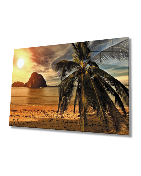 Gün Batımı Deniz Palmiye Manzara Cam Tablo  4mm Dayanıklı Temperli Cam Sunset Sea Palm Landscape Glass Painting 4mm Durable Tempered Glass