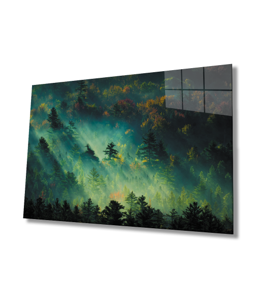 Yeşil Orman Ağaç Manzara Cam Tablo  4mm Dayanıklı Temperli Cam Green Forest Tree Landscape Glass Wall Art