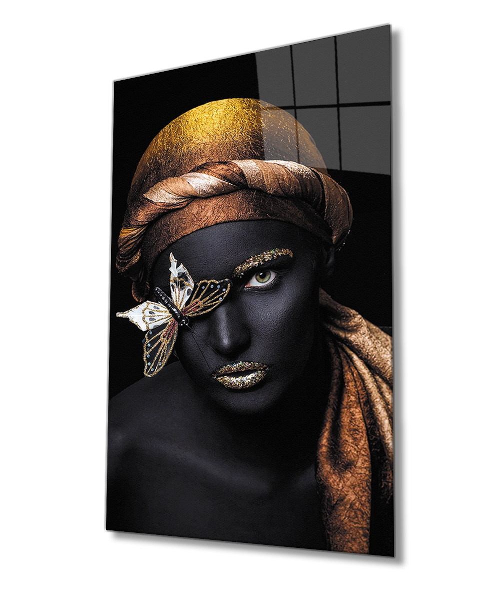 Siyah Kadın Altın Kelebek Cam Tablo  4mm Dayanıklı Temperli Cam, Black Woman Gold Butterfly Glass Wall Art