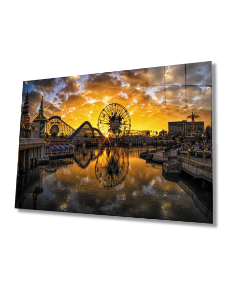 Gün Batımı Şehir Lunapark Manzaralı Cam Tablo  4mm Dayanıklı Temperli Cam Sunset City Amusement Park View Glass Table 4mm Durable Tempered Glass