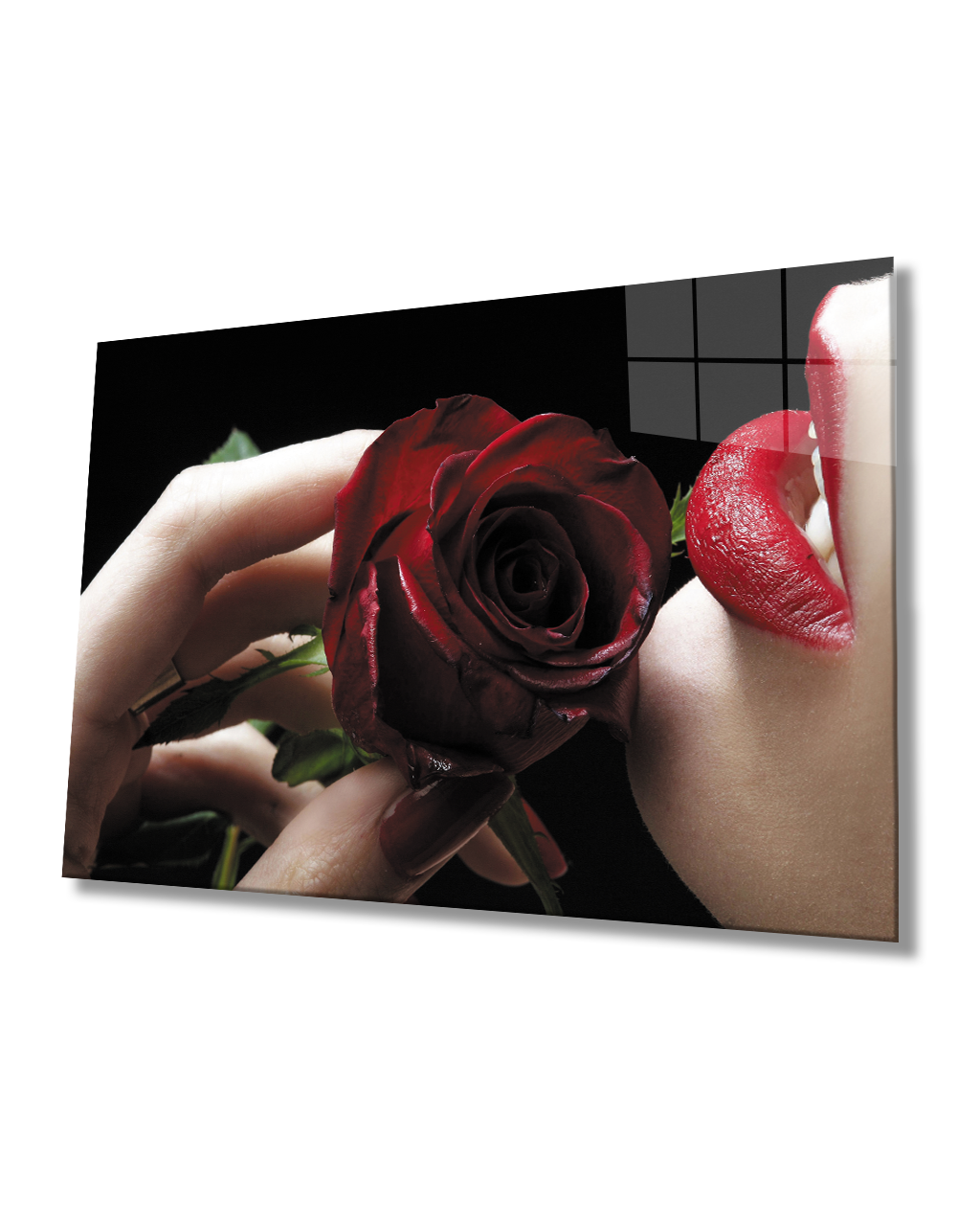 Kırmızı Gül ve Kadın Cam Tablo  4mm Dayanıklı Temperli Cam Red Rose and Woman Glass Table 4mm Durable Tempered Glass