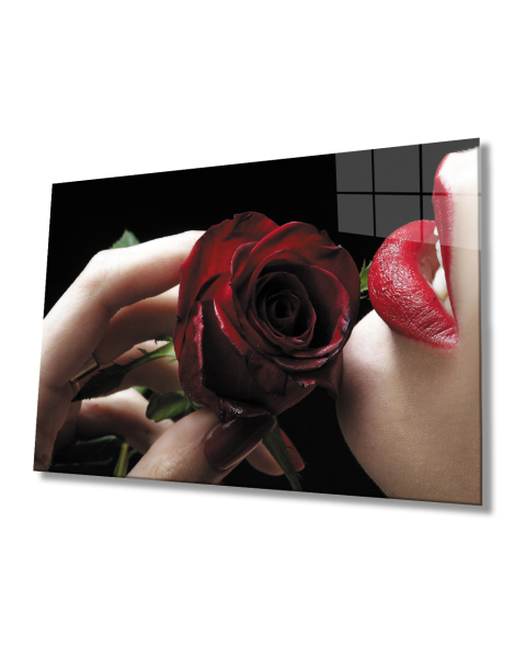 Kırmızı Gül ve Kadın Cam Tablo  4mm Dayanıklı Temperli Cam Red Rose and Woman Glass Table 4mm Durable Tempered Glass