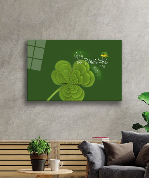 Patricks Day  Yeşil Cam Tablo  4mm Dayanıklı Temperli Cam Patricks Day Green Glass Wall  Art