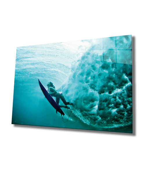 Deniz Sörfü Cam Tablo  4mm Dayanıklı Temperli Cam, Sea Surfing Glass Wall Art