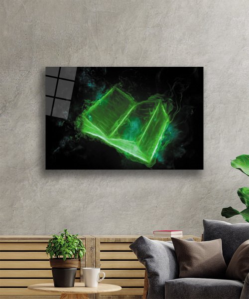 Siyah Neon Yeşil Kitap Cam Tablo  4mm Dayanıklı Temperli Cam Black Neon Green Book Glass Wall Art