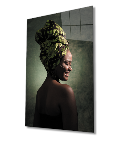 Afrika Stili Şal Gülen Kadın Cam Tablo  4mm Dayanıklı Temperli Cam, African Style Shawl Smiling Woman Glass Wall Art