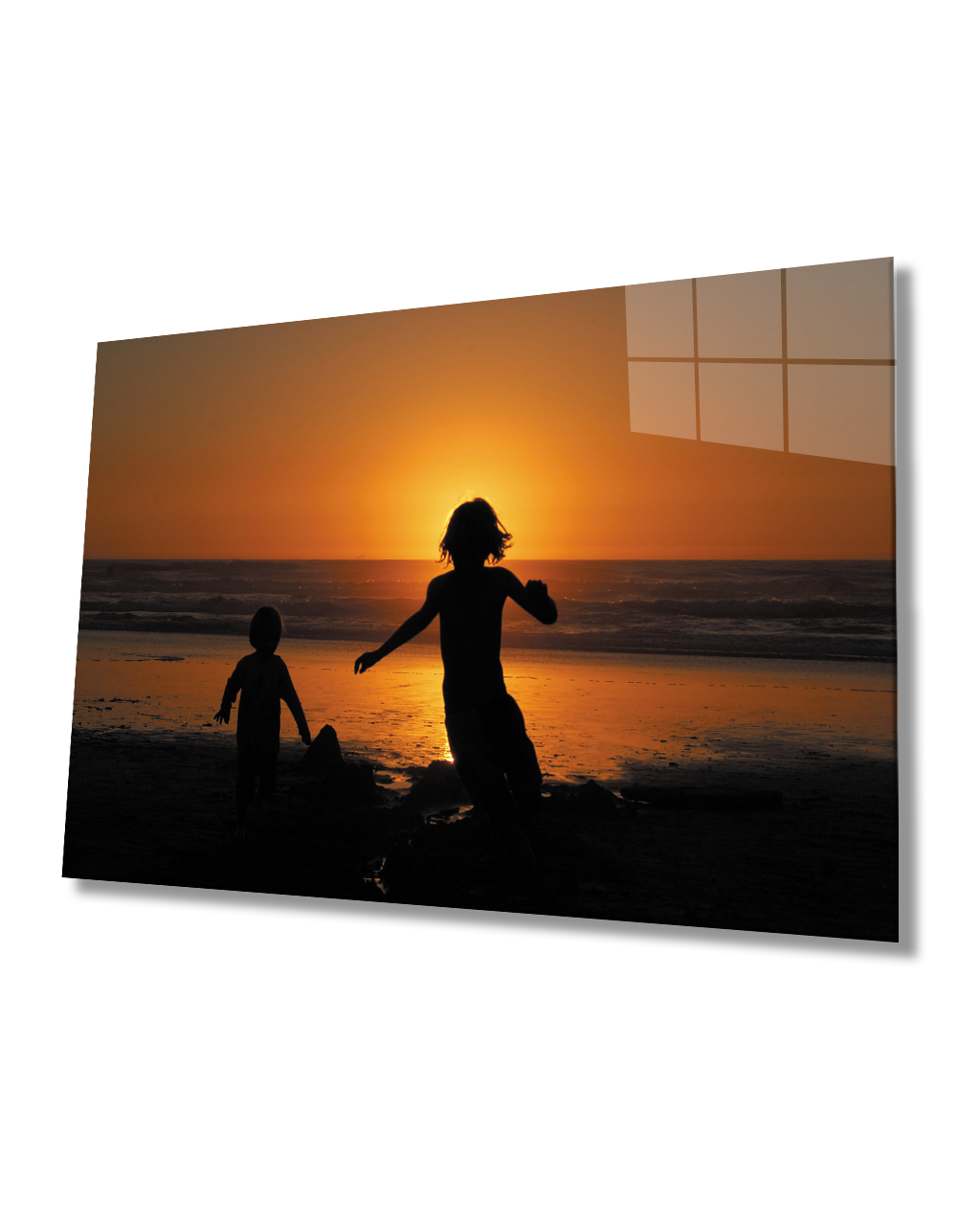 Gün Batımında Denizde Çocuklar Cam Tablo  4mm Dayanıklı Temperli Cam Children At Sea At Sunset Glass Table 4mm Durable Tempered Glass