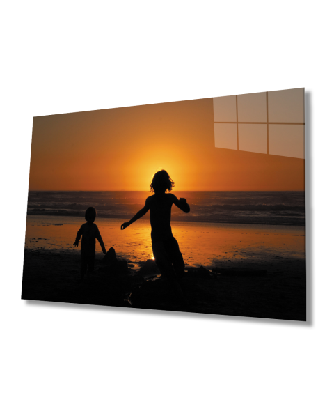 Gün Batımında Denizde Çocuklar Cam Tablo  4mm Dayanıklı Temperli Cam Children At Sea At Sunset Glass Table 4mm Durable Tempered Glass
