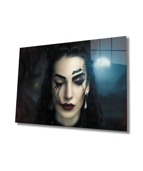 Kadınlar Cadılar Bayramı Makyajı Cam Tablo  4mm Dayanıklı Temperli Cam, Women Halloween Makeup Glass Wall Art