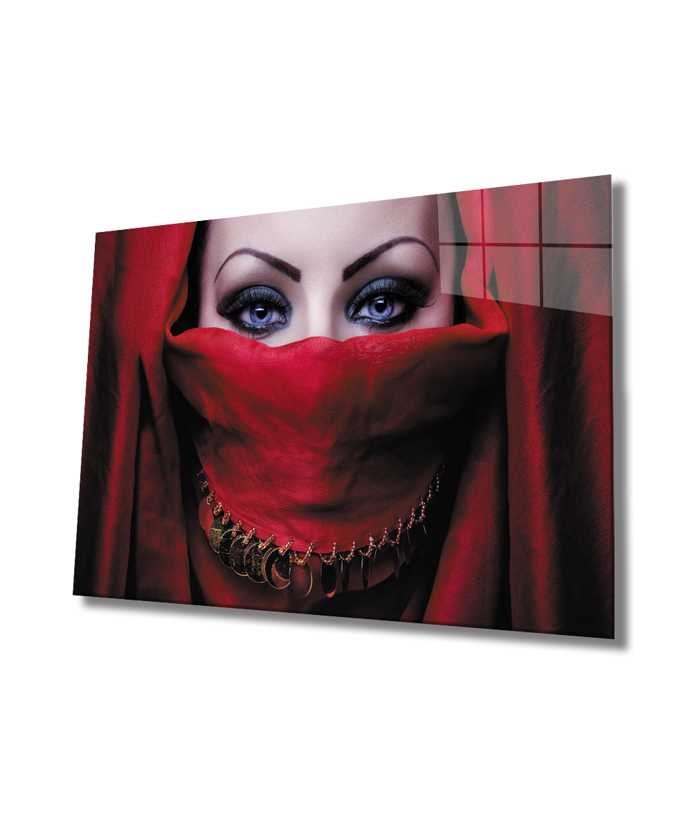 Kadınlar Kırmızı Peçe Cam Tablo  4mm Dayanıklı Temperli Cam, Women Red Veil Glass Wall Art