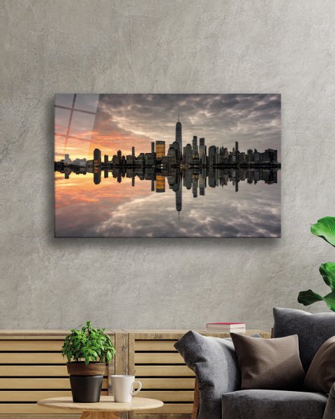 Gün Batımı  Şehir Manzara Cam Tablo  4mm Dayanıklı Temperli Cam Sunset City Landscape Glass Painting 4mm Durable Tempered Glass