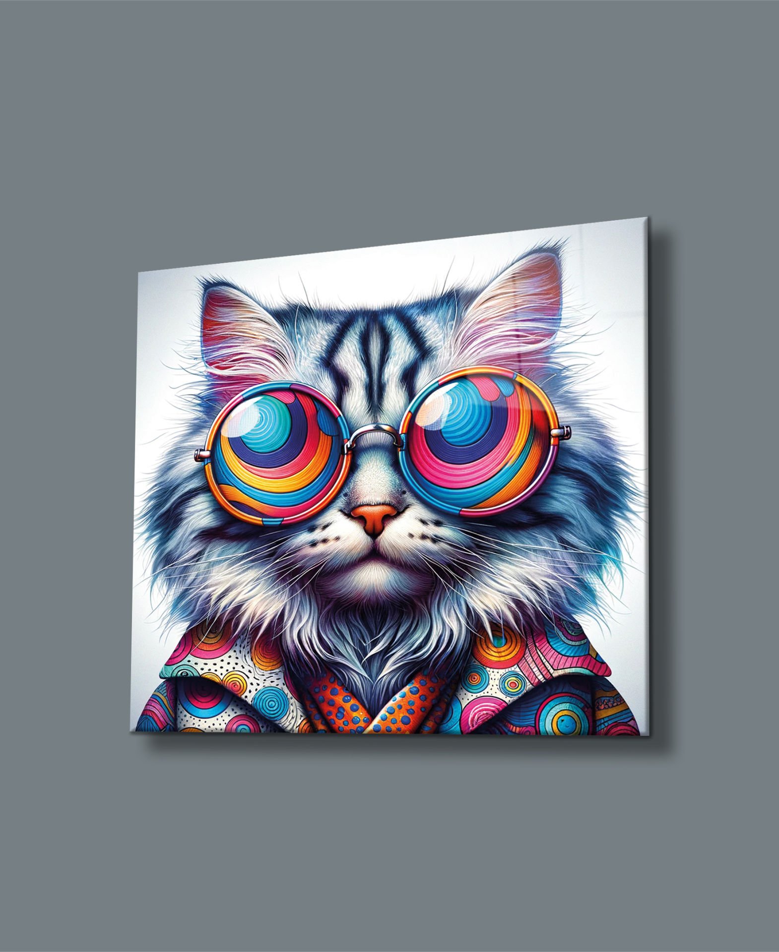 Hipster Kedi Renkli Bakış Cam Tablo Hediyelik Büyük Tablo Ev Ofis Dekoru