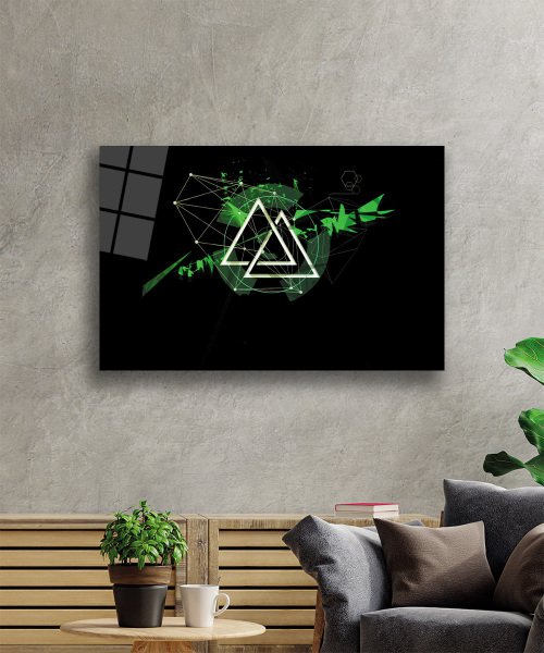 Siyah Yeşil Üçgen Cam Tablo  4mm Dayanıklı Temperli Cam Black Green Triangle Glass Wall Art