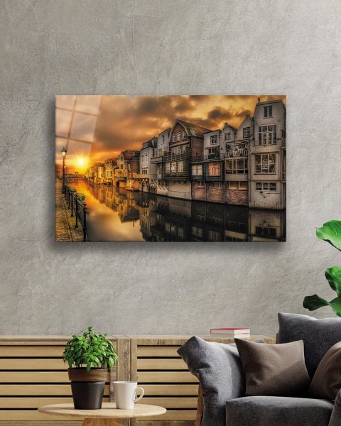 Gün Batımı  Şehir Manzara Cam Tablo  4mm Dayanıklı Temperli Cam Sunset City Landscape Glass Painting 4mm Durable Tempered Glass