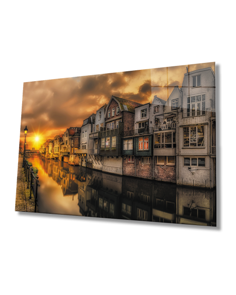 Gün Batımı  Şehir Manzara Cam Tablo  4mm Dayanıklı Temperli Cam Sunset City Landscape Glass Painting 4mm Durable Tempered Glass