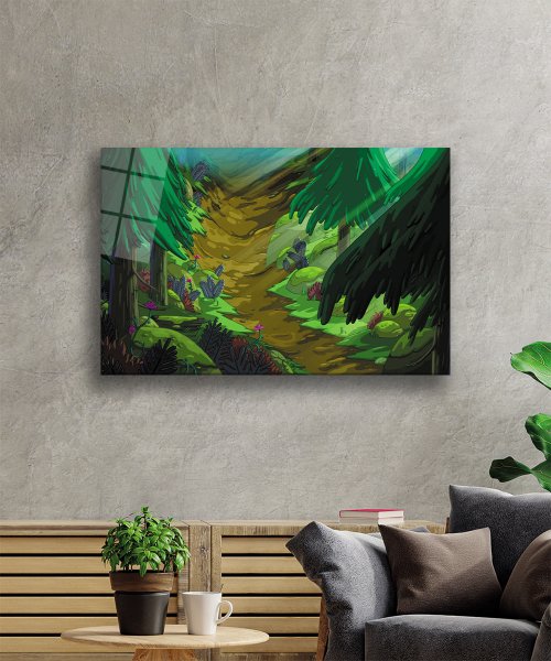 Suluboya Orman Manzara Yeşil Cam Tablo  4mm Dayanıklı Temperli Cam Watercolor Forest Green Landscape Glass Wall Art