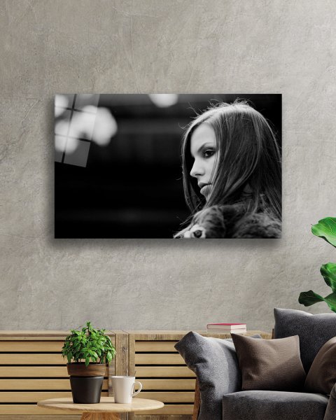 Siyah Beyaz İnsan Fotoğrafları Kadın Cam Tablo  4mm Dayanıklı Temperli Cam Black and White People Photos Woman Glass Wall Art