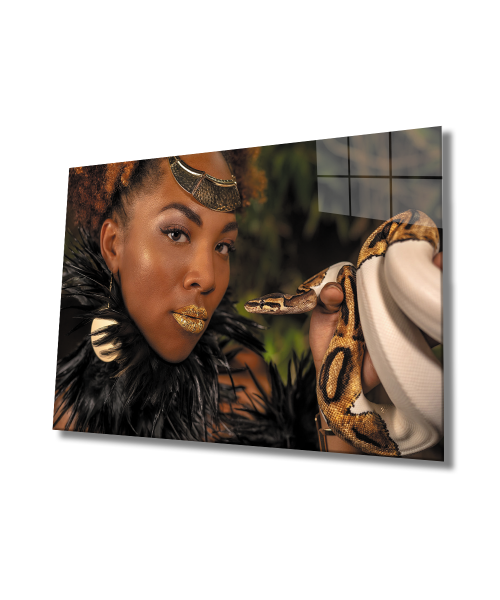 Kadınlar Afrikalı Kadın ve Piton Yılanı Cam Tablo  4mm Dayanıklı Temperli Cam,  African Woman And Python Snake Glass Wall Art