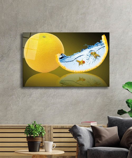 Limon ve Balık Fütüristik Cam Tablo  4mm Dayanıklı Temperli Cam, Limon and Fish Futuristic Glass Wall Decor