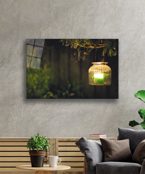 Yeşil Mum Işığı  Ağaç Cam Tablo  4mm Dayanıklı Temperli Cam  Green Candlelight Tree Glass Wall Art