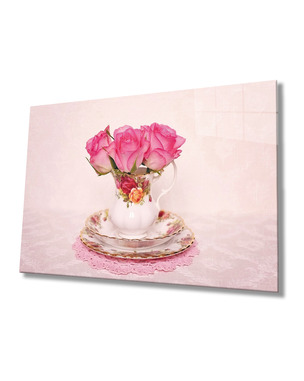 Fincanda Pembe Güller  Cam Tablo  4mm Dayanıklı Temperli Cam Pink Roses in Cup Glass Table 4mm Durable Tempered Glass