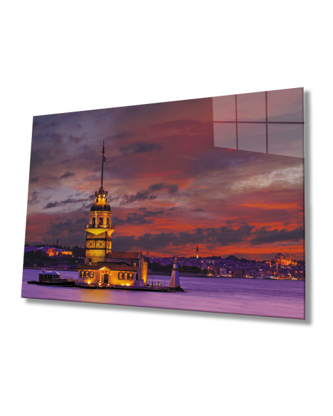 Kızıl Gökyüzü Kız Kulesi Manzaralı  Cam Tablo 4mm Dayanıklı Temperli Cam