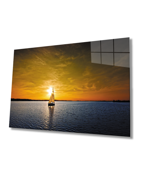 Gün Batımı Deniz Yelken Cam Tablo  4mm Dayanıklı Temperli Cam Sunset Sea Sail Glass Table 4mm Durable Tempered Glass