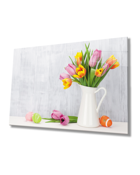 Vazoda Renkli Laleler  Cam Tablo  4mm Dayanıklı Temperli Cam Colorful Flowers In Vase Glass Table 4mm Durable Tempered Glass