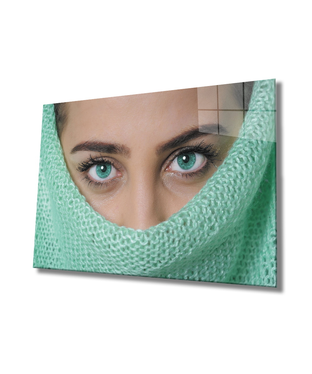 Kadınlar Turkuaz Göz Cam Tablo  4mm Dayanıklı Temperli Cam, Women Turquoise Eye Glass Wall Art