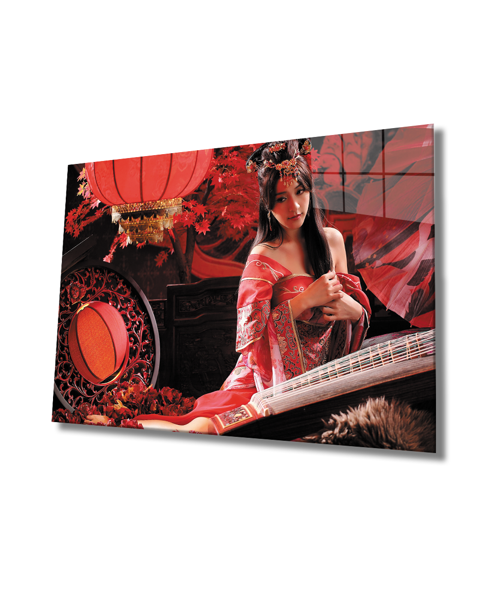 Kadınlar Kırmızı Hanfu Antik Elbise Cam Tablo  4mm Dayanıklı Temperli Cam, Women Red Hanfu Ancient Dress Glass Wall Art