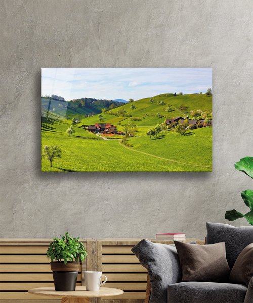 Dağ Ev Yeşil Cam Tablo  4mm Dayanıklı Temperli Cam  Mountain House Green Glass Wall Art