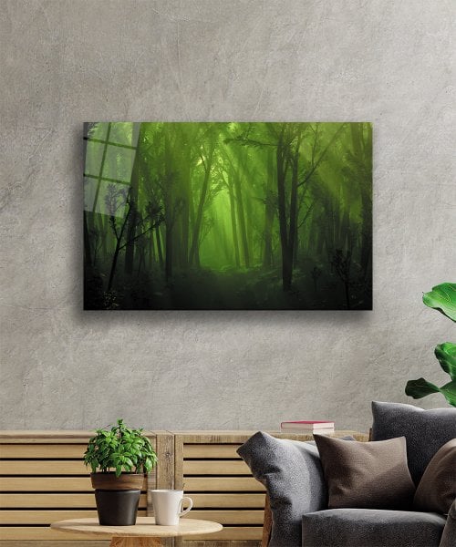 Orman  Ağaç Yeşil Cam Tablo  4mm Dayanıklı Temperli Cam  Forest Tree Green Glass Wall Art