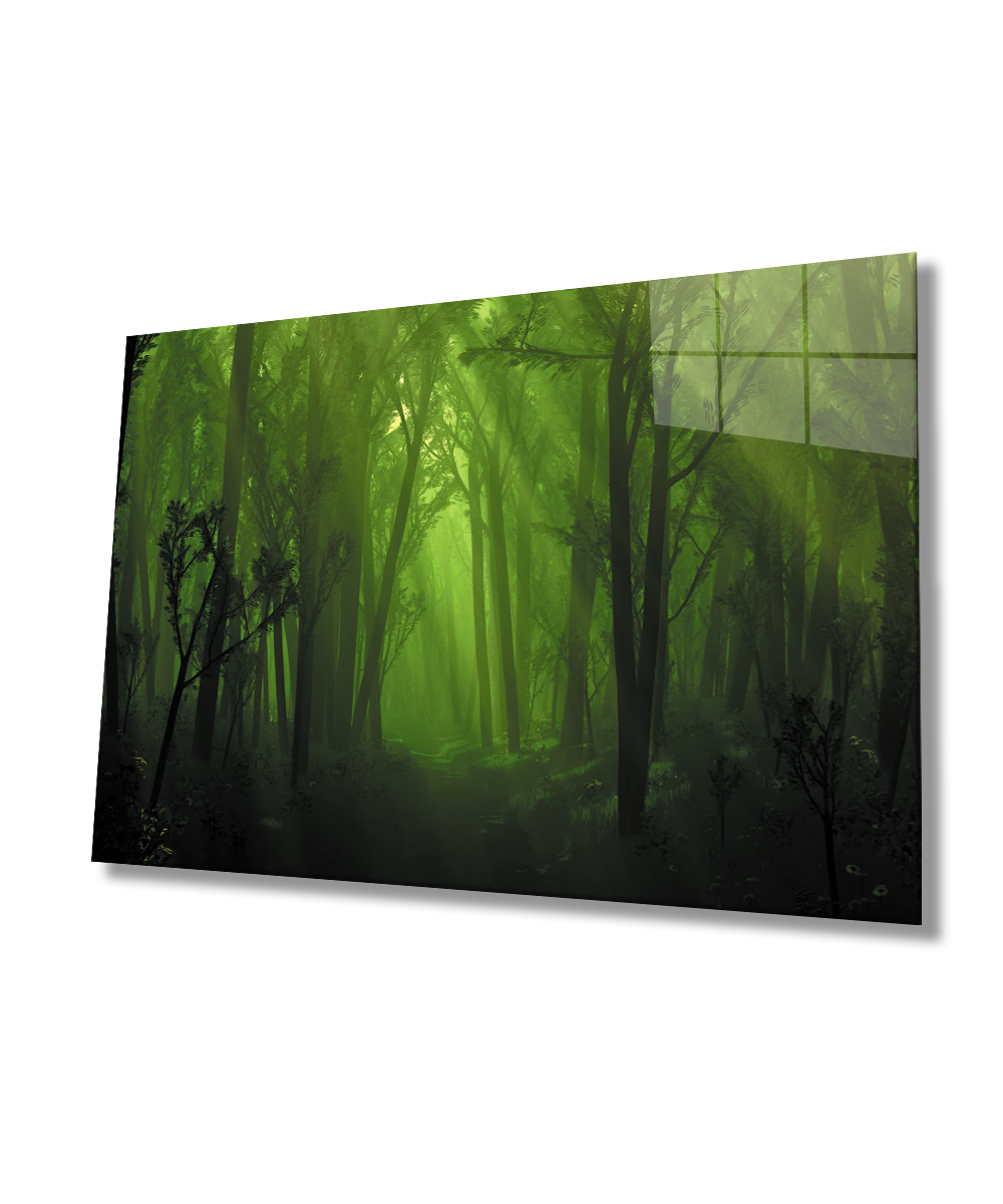 Orman  Ağaç Yeşil Cam Tablo  4mm Dayanıklı Temperli Cam  Forest Tree Green Glass Wall Art