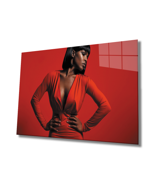 Kadınlar Siyahi Kırmızılı Güzellik Cam Tablo  4mm Dayanıklı Temperli Cam, Women Black Red Beauty Glass Wall Art