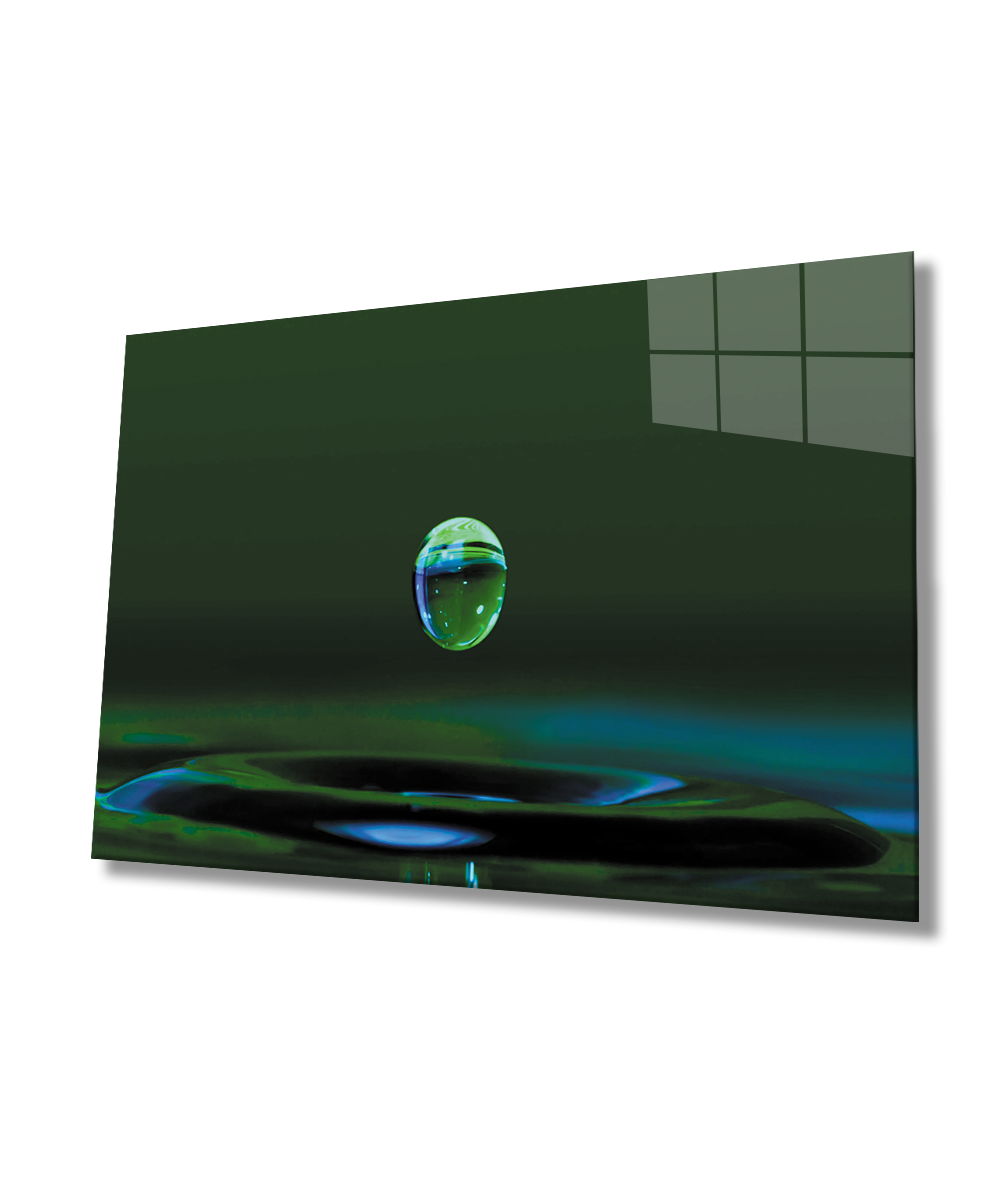 Su Damlası Yeşil Cam Tablo  4mm Dayanıklı Temperli Cam Water Drop Green Glass Wall Art