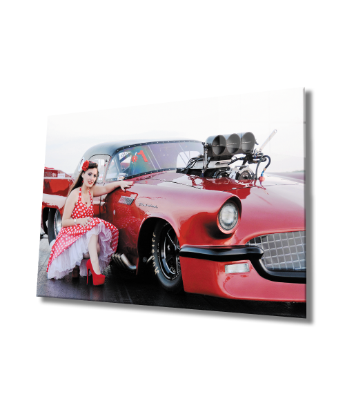 Kadınlar Modifiye Araba KırmızıCam Tablo  4mm Dayanıklı Temperli Cam, Women Modified Car Red Glass Wall Art