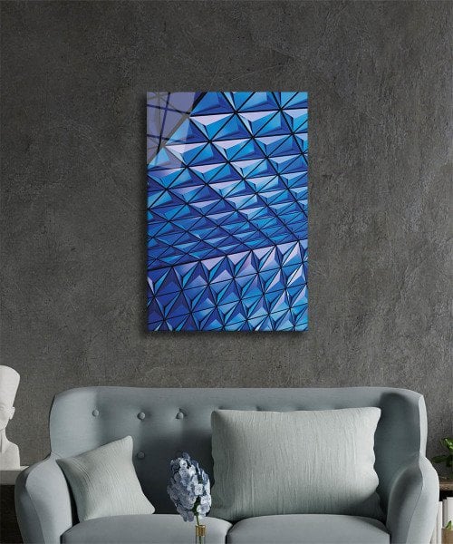 Mavi Geometrik Mimari Cam Tablo  4mm Dayanıklı Temperli Cam, Blue Geometric Architecture Glass Wall Decor